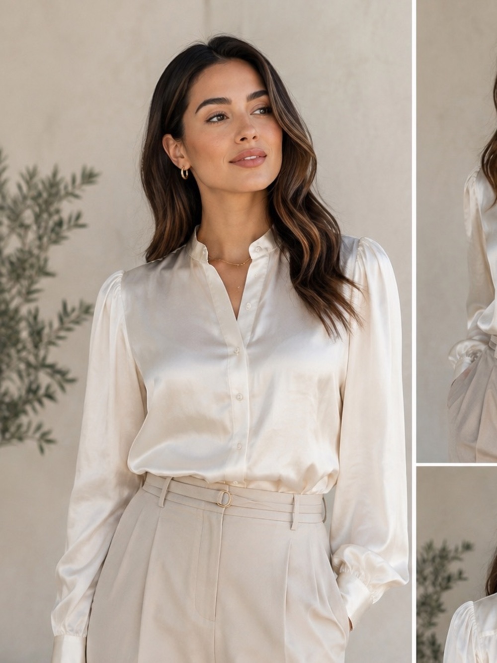 Vince Satin Button-Front Blouse in Ivory